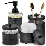 Autumn Alley Farmhouse Matte Black Bathroom Accessories Set (4 PCS) - Lotion Soap Dispenser, Black Toothbrush Holder Set, 2 Glass Apothecary Jars (Qtip Holder) - Rustic Bathroom Accessories Set