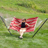 Sunnydaze Rope Hammock with Stand for Outside- 275-Pound Capacity - Includes 12-Foot Hammock Stand, Spreader Bar, Pad, and Pillow - Green Stripe
