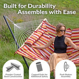Sunnydaze Rope Hammock with Stand for Outside- 275-Pound Capacity - Includes 12-Foot Hammock Stand, Spreader Bar, Pad, and Pillow - Tropical Orange