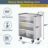 18" x 30" Commercial NSF Stainless Steel Utility Cart with Enclosed Base and Open Front - 4 Shelves, Heavy Duty Mobile Service Cart, Rolling Cart for Kitchen, Catering, Restaurant Storage