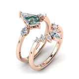 Customized Moss Agate Engagement Ring set Engraving Text Moss Agate Wedding Ring Set Gold For birthday Promise ring Chirstomas (rose gold)
