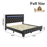Holiway Full Size Bed Frame with LED Lights & Charging Station, Faux Leather Upholstered Platform Bed, Adjustable Crystal Button Headboard, Solid Wood Slats, No Box Spring Needed, Black