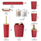 XLHOMO Dark Red Bathroom Accessory Set, 9-Piece Burgundy Bathroom Set with Trash Can, Toothbrush Holder, Toothbrush Cup,Soap Dispenser,Soap Dish,Toilet Brush Holder,2 Qtip Holder Dispensers and Tray