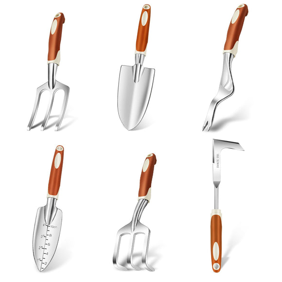 Gardening Tools, 6 Pack Stainless Steel Garden Tool Set with Non-Slip Rubber Grip, Ideal Gardening Gifts for Women