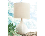 Signature Design by Ashley Rainermen Casual Ceramic Table Lamp, Transparent White Glaze Finish, Drum Hardback Fabric Shade, 11" W x 11" D x 21" H, Off White