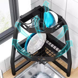 OCKULT Over Sink Dish Drying Rack, Foldable Corner Sink Drying Rack, 3-Layer Dish Rack,Multifunctional Counter Organizer Shelf, 54*30cm, Black