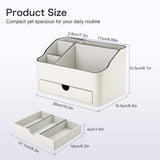 KINGFOM PU Leather Desk Organizer with Drawer, 5 Compartments Desktop Storage Caddy for Office Home Supplies, Pen Holder for Remote Control, Phone & Accessories, Mail Organizer Countertop Ivory White