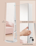 SONGMICS 6 LEDs Lockable Mirror Jewelry Cabinet, 360° Swivel Jewelry Organizer Armoire Standing, Frameless Full-Length Mirror, 3 Storage Shelves, White Surface, Greige Lining UJJC007W02V1
