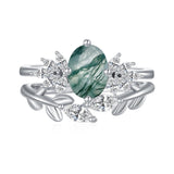 1.5 ct Moss Agate Engagement Ring Set Ovel shape Moss Agate Wedding Ring Set Gold For Valentines day Chirstomas (white gold)