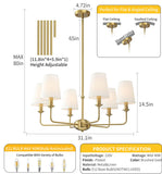 QUENEY 6-Light Brushed Gold Pendant Chandelier with Fabric Shades, E12 Base - Farmhouse & Industrial Style for Kitchen, Living Room, Dining Room, or Bedroom Lighting