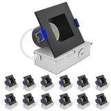 LUXRITE 3 Inch Square LED Recessed Ceiling Light with J-Box, CRI90, 8W, 5CCT Selectable 2700K-5000K, 530 Lumens, Dimmable Canless Downlight, Wet Rated, IC Rated, ETL Listed, Black Trim (12 Pack)