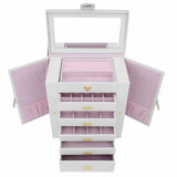 AKOZLIN Extra Large 6-Tier Jewelry Box Organizer with Mirror, 5 Drawers Leather Jewelry Storage Case for Women Girls Ring Necklace Earring Bracelet White