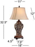 Traditional Table Lamps 32.5" Tall Set of 2 Bronze Brown Carved Leaf Openwork Vase Tan Rectangular Shade Decor Barnes and Ivy