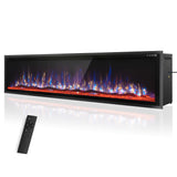 PHI VILLA 72" Electric Fireplace Wall Mounted, Recessed Wall Fireplace Electric with Crystal, Fake Charcoal & Firewood Bed for Indoor, Remote Control, 750W/1500W, Timer, Ultra-Narrow Bezel
