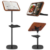 2 in 1 Dual-use Music Stand & Desktop Book Stand, Adjustable Height 16.5"-51", 100% Solid Wood Laptop Floor Stand Book Holder with Elastic Page Clips for Cookbooks (Black Walnut with Tray)