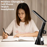 IHAO 6in1 Multifunctional Foldable LED Table Lamp with Wireless Charger Digital Alarm Clock Eye-Care Lighting 3 Color Modes 15W Qi Charger for Phone/Headphones, iWatch Charger Compatible-N61 White