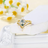 Oseew 2 pcs Vintage Unique Green Stone Wedding Ring 10k gold Natural Moss Agate Ring Set Natural Moss Agate Ring For women with teardrop design Mother's Day Valentine's Gift
