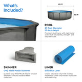 AquaDoc Coventry Round Steel Wall Above Ground Pool Kit 27' x 52" in Pewter Gray Finish with Wide Mouth Skimmer and Solid Blue Overlap Liner Classic Package - Made in North America