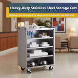18" x 30" Five Shelf Commercial NSF Stainless Steel Utility Cart - Heavy Duty 304 Steel Service Cart with Enclosed Base, Open Front, Rolling Cart for Kitchen, Catering, Restaurant