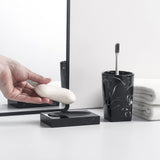 5-Piece Bathroom Counter Top Accessory Set - Dispenser for Liquid Soap or Lotion, Soap Dish, Toothbrush Holder and 2 Tumblers, Marble Pattern Resin (Ink Black)