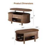 ONBRILL 43.3" Oval Lift Top Coffee Table with Hidden Compartment, Fluted Wood Coffee Table with Sliding Door, Mid-Century Modern Lift Tabletop Dining Table for Living Room, Home Office, Walnut