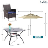 PHI VILLA 5pc Patio Dining Set with Umbrella, Square Table, Rattan Chairs