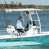 Fishmaster Pro Series Leaning Post for Center Console Fishing Boats - Deluxe Backrest, Rod Holders, Flow-Through Foam, Storage Compartment, Foldable Footrest – White Upholstery/White Powder Coated