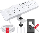 Desk Clamp Power Strip Surge Protector, 6 Outlets, Flat Plug, 1800J, 4 USB-C Ports (Any Port 35W), for Home & Office, Flame-Retardant PC-ABS Housing, Fits 1.96" Desk Edge, White
