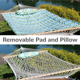 Sunnydaze Rope Hammock with Stand for Outside- 275-Pound Capacity - Includes 12-Foot Hammock Stand, Spreader Bar, Pad, and Pillow - Blue and Green Chevron