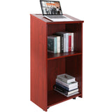 Podium Stand, 47 inch Hostess Stand with 4 Rolling Wheels, Wood Podium with Storage Shelves and Slant Desktop
