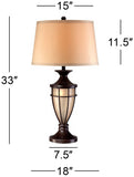 John Timberland Mission Cage Table Lamps 33" Tall Set of 2 with Nightlight Lantern Brushed Iron Brown Beige Fabric Shade for Living Room Bedroom House Bedside Nightstand Home Office Entryway