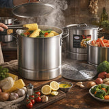 Alpine Cuisine 9-Piece Aluminum Steamer Pot Set with 56, 74.6 and 92.5 L Stock Pots, Heavy-Duty Lightweight Design for Seafood, Tamales, Pasta & Large-Batch Cooking