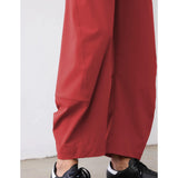 SeeLuNa Women Barrel Travel Pants Elastic Waistband Tapered Leg Baggy Mid Rise Work Trousers Lounge Pant with Pockets(Red,M)