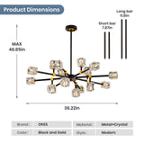 OKES Sputnik Chandeliers with16-Light,Modern Black and Gold Crystal Chandelier, Mid Century Ceiling Light Fixture for Dining Room, Kitchen Island,Foyer,Living Room,Bedroom