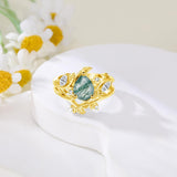 Moss Agate Engagement Ring Set Anniversary Ring wedding Ring Set Leaf design (yellow gold)
