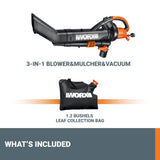WORX 12 Amp Trivac 3-in-1 Electric Leaf Blower/Mulcher/Vacuum WG509 Metal Impeller for Fine Mulching