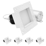 LUXRITE 3 Inch LED Regressed Trimless Spotlight, Push N’ Lock, 5 CCT Selectable (2700K-5000K), 15W, 950 Lumens, CRI 90, Dual Dimming (0-10V/Triac), 120-277V, ETL Listed, Damp Rated, Square (4 Pack)