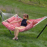 Sunnydaze Rope Hammock with Stand for Outside- 275-Pound Capacity - Includes 12-Foot Hammock Stand, Spreader Bar, Pad, and Pillow - Royal Red