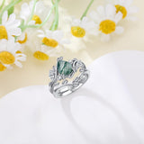 Oseew 2pcs Natural Moss Agate Ring set For womens 10k 14k 18k gold/Sterling Silver (White gold)
