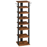 HOOBRO 8 Tiers Vertical Shoe Rack, Wooden Shoe Storage Organizer with Hooks, Narrow Shoe Tower for 8 Pairs, Space Saving, for Entryway, Living Room, Bedroom, Rustic Brown BF07XJ01G1