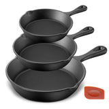 NutriChef Pre-Seasoned Cast Iron Skillets - 3 Pieces Cast Iron Cookware Set w/Drip Spout and Scraper - Compatible with Induction
