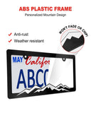 ZXFOOG Mountain License Plate Frames- Plastic Black Car Tag Holder Bracket with Screws Caps, 2 Packs 2 Hole, White on Black, Mountain Vinyl Sticker Included