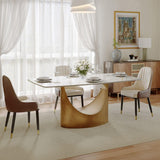 POVISON 63" Modern Dining Table for 4, Glossy White Dining Table, Sintered Stone Dining Tabletop with Bronze Carbon Steel Pedestal Table for Dining Room (Table Only)