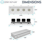 LUXRITE 4-Head Regressed Gimbal LED Recessed Spotlight, 360°+15° Adjustable, 5CCT 2700K-5000K, CRI90, 60W, 4000 Lumens, 60° Beam Angle, Rectangular White Finish, Dual Dimmable, IC & Wet Rated