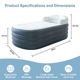 Inflatable Bathtub Bubble Massage Mat, Portable Adult Spa Bathtub, All-in-one Wavemaker and Air Pump, Adjustable Bubble Settings - Includes Remote Control, Inflatable Backrest and Atmosphere Lighting