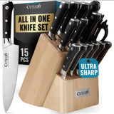 Cutluxe 15-Piece Knife Set – Premium Rubberwood Wood Block – Knife Set for Kitchen, Ultra Sharp High Carbon German Stainless Steel, Full Tang – Artisan Series