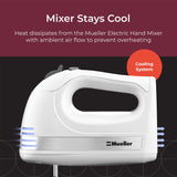Mueller Electric Hand Mixer, 5 Speed with Snap-On Case, 250 W, Turbo Speed, 4 Stainless Steel Accessories, Beaters, Dough Hooks, Baking Supplies for Whipping, Mixing, Cookies, Bread, Cakes, White