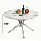 Maotifeys 45'' Round Dining Table White Marble Dining Room Table for 4-6, Circle Faux Marble Kitchen Table with 4 Silver Mirrored Stainless Steel Legs for Dining Room, Bistro, Breakfast (Table Only)