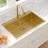 Sarlai 33 Gold Drop In Sink 33x22 Inch Drop In Kitchen Sink Gold Ledge Workstation Sink 16 Gauge Stainless Steel Single Bowl Topmount Sinks Basin