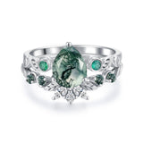 Oseew Natural Moss Agate Ring for Women 2CT Pear Cut 2 Pieces Engagement Ring Set 10K/14K/18K Solid Gold/Sterling Silver Wedding Vintage Leaf Bridal Promise Ring with Gift Box